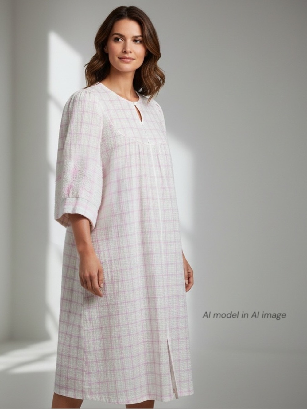 Miss Elaine Robe Womens Medium White Plaid Zip Kaftan Housecoat Seersucker